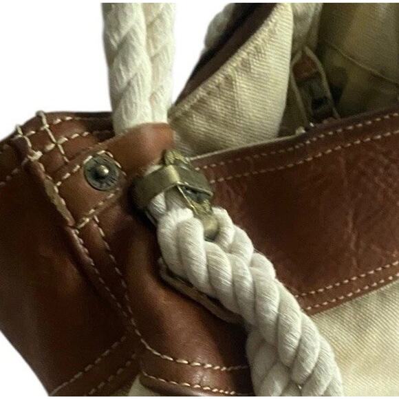 Vtg GAP Jeans Canvas Bucket Bag Tote Rope Cream Brown Leather Y2K 90s Hobo Purse - Picture 9 of 16